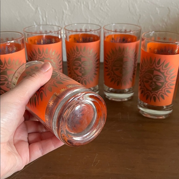 🌞Set of 6 Orange Aztec Celestial MCM 1960s Sunburst Drinking Glasses Tumblers🌞 - Picture 5 of 8